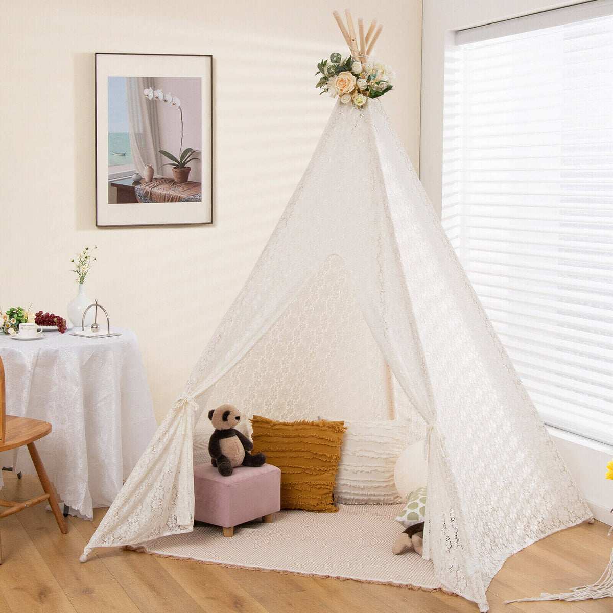 Tente tipi en dentelle avec guirlandes lumineuses colorées pour enfants