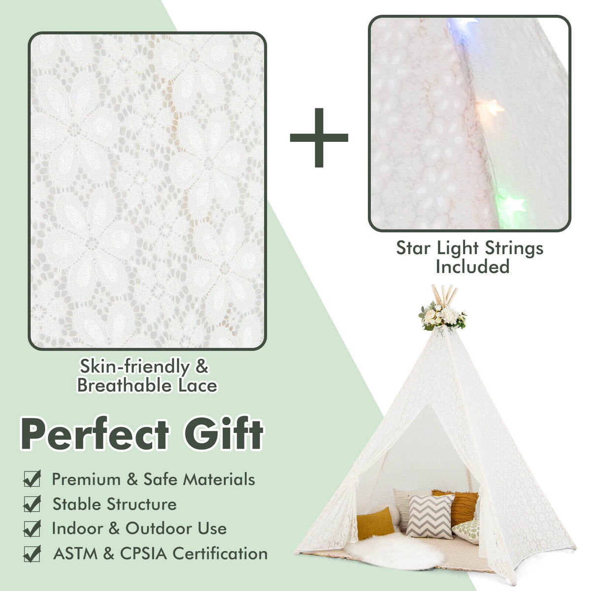 Tente tipi en dentelle avec guirlandes lumineuses colorées pour enfants
