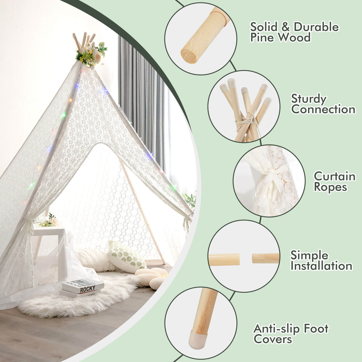 Tente tipi en dentelle avec guirlandes lumineuses colorées pour enfants