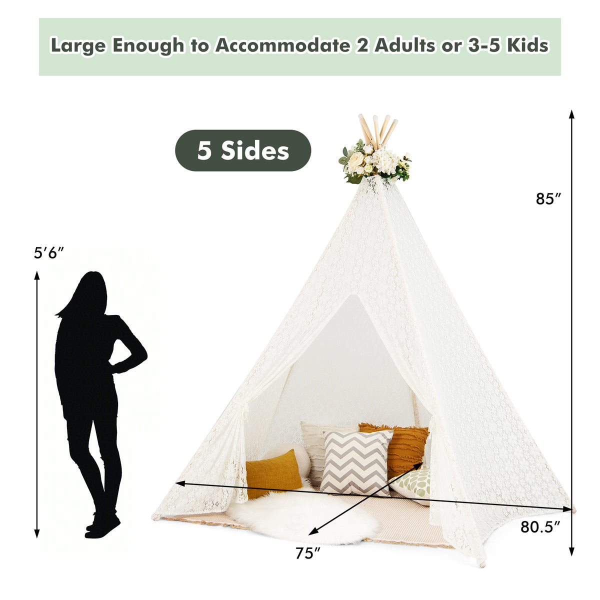 Tente tipi en dentelle avec guirlandes lumineuses colorées pour enfants