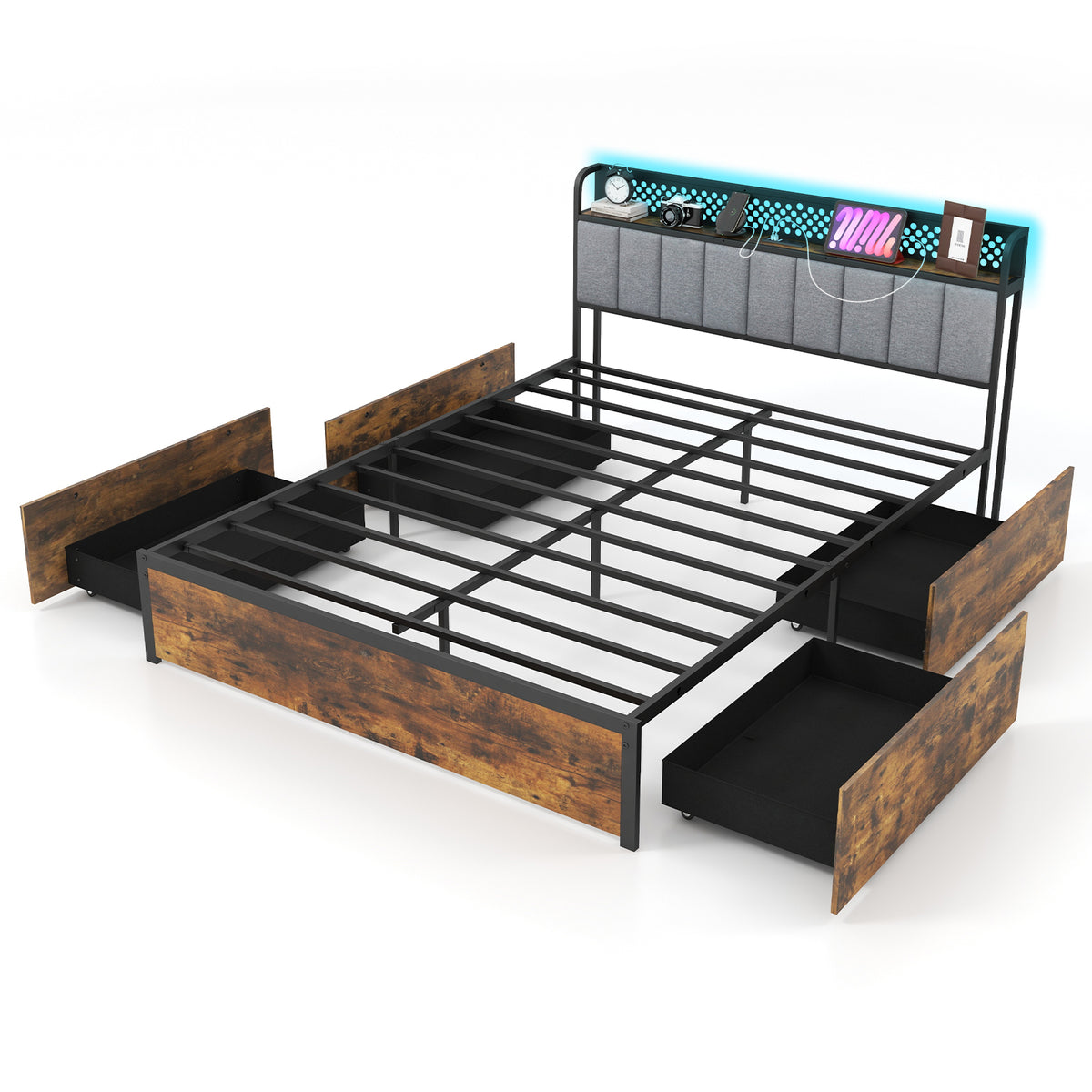 Bed Frame with LED Lights Upholstered Headboard and 4 Storage Drawers-Simple Bed Frame-DECOROLALA