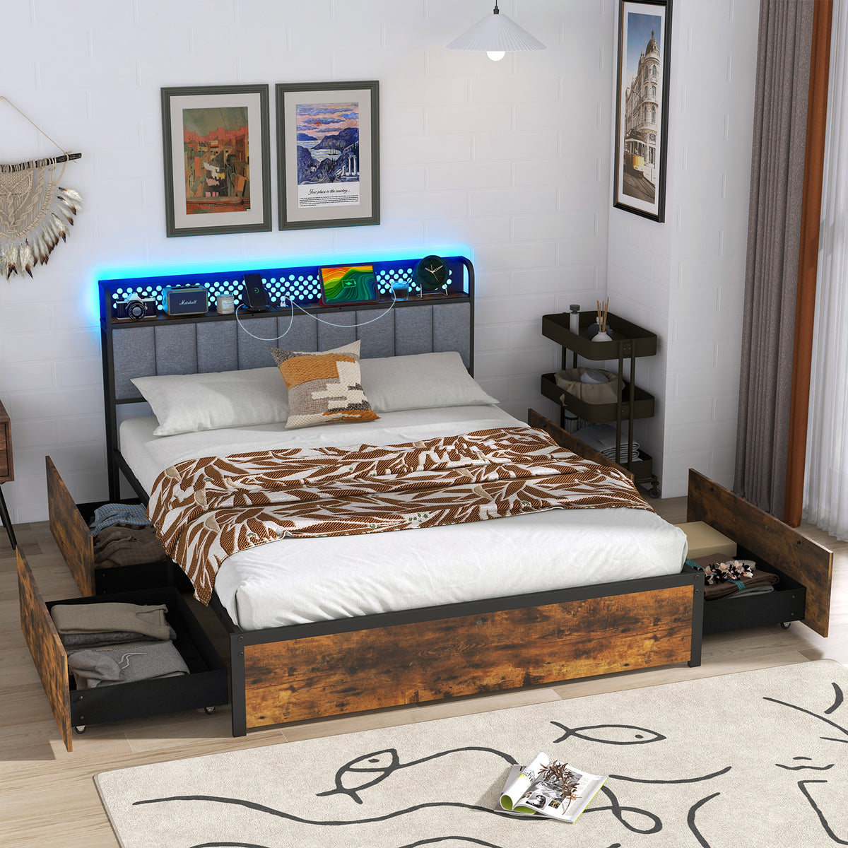 Bed Frame with LED Lights Upholstered Headboard and 4 Storage Drawers-Simple Bed Frame-DECOROLALA