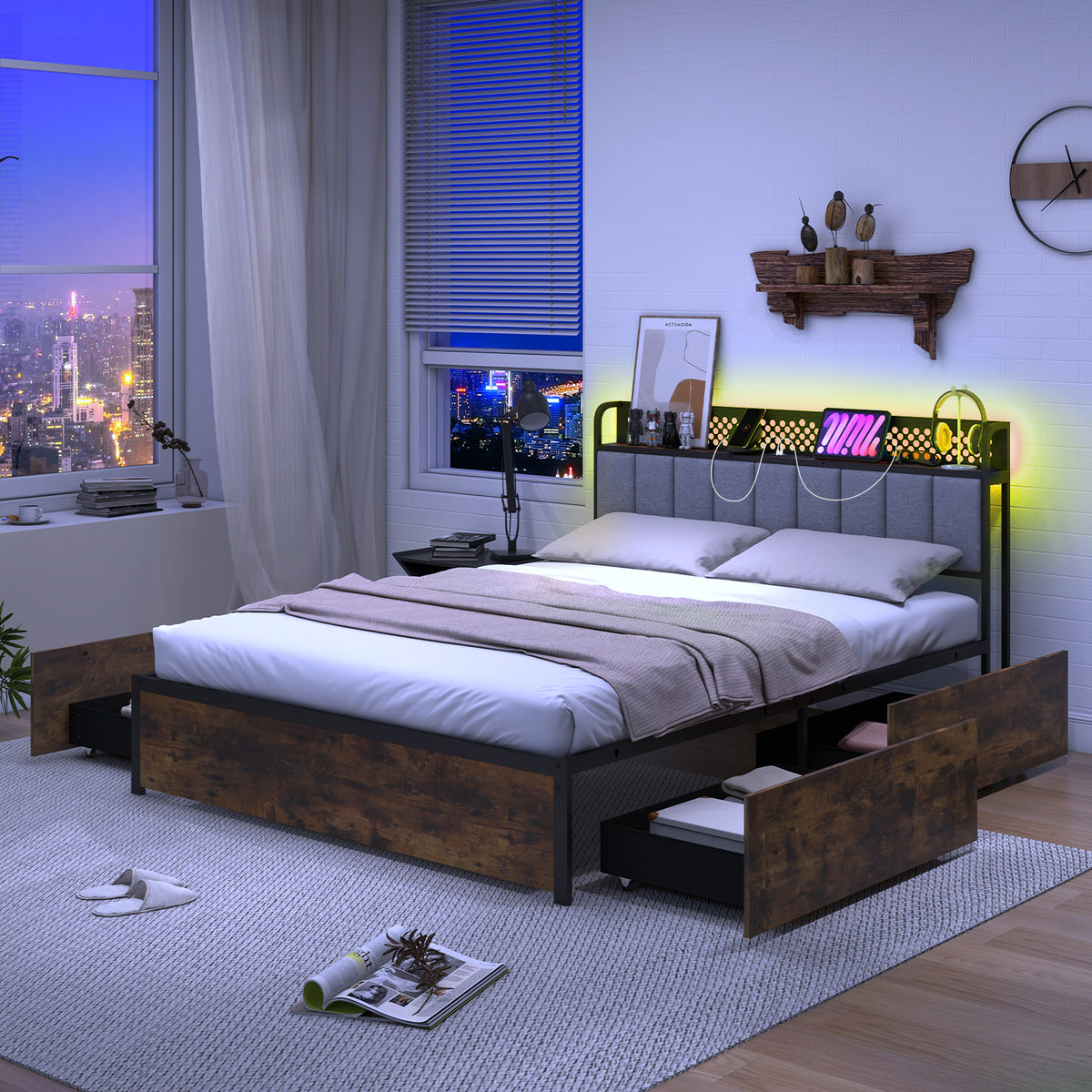 Bed Frame with LED Lights Upholstered Headboard and 4 Storage Drawers-Simple Bed Frame-DECOROLALA