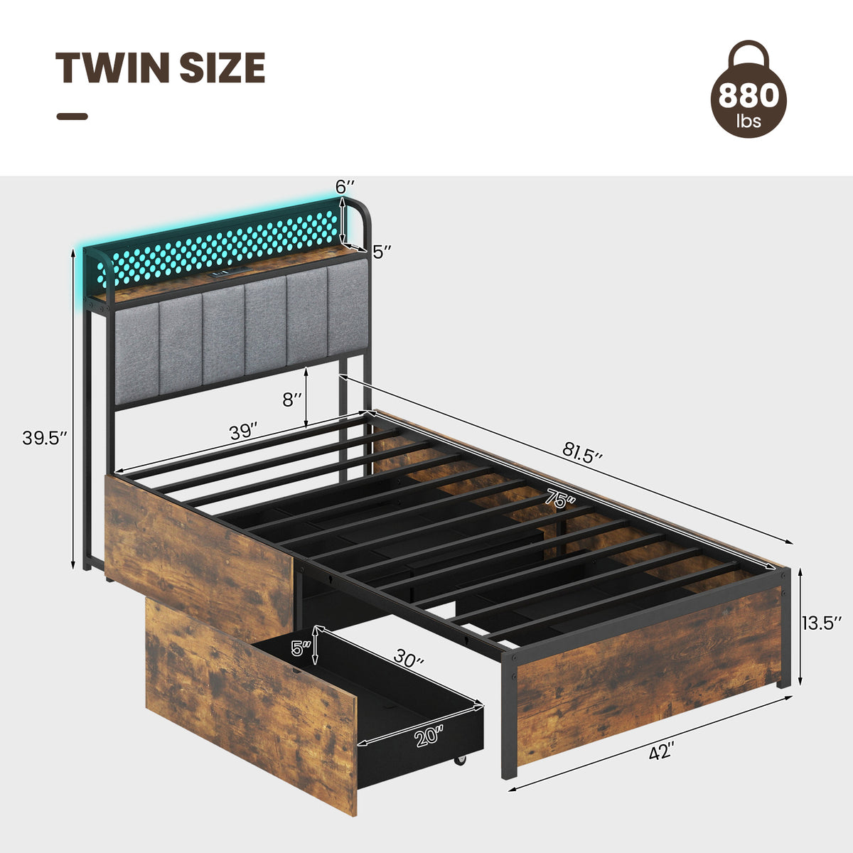 Bed Frame with LED Lights Upholstered Headboard and 4 Storage Drawers-Simple Bed Frame-DECOROLALA