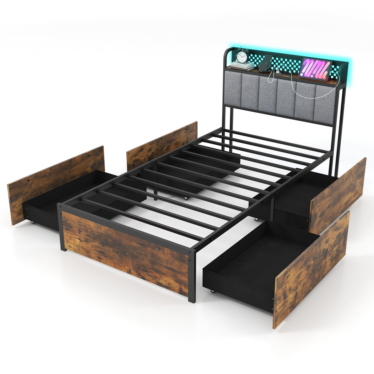 Bed Frame with LED Lights Upholstered Headboard and 4 Storage Drawers-Simple Bed Frame-DECOROLALA