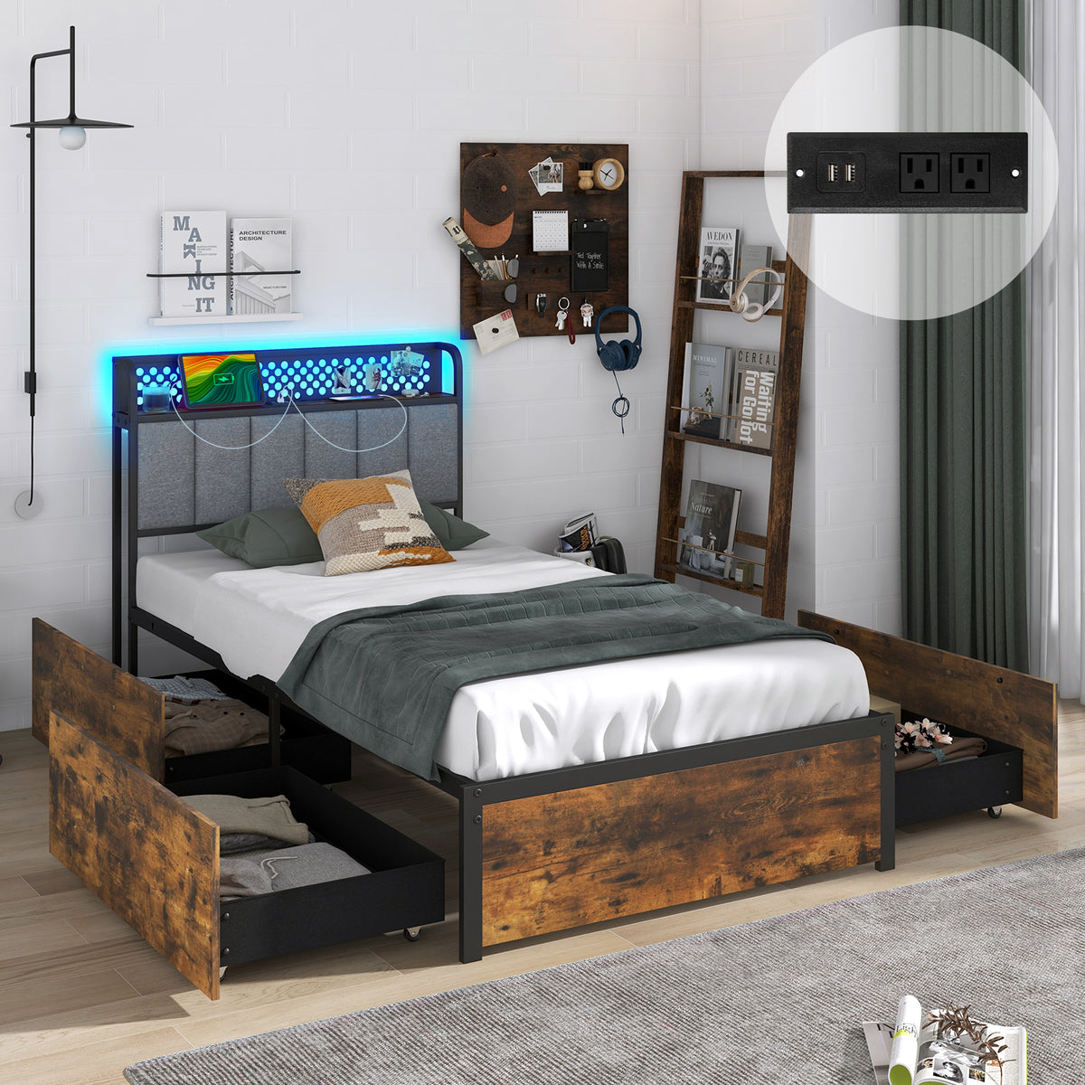 Bed Frame with LED Lights Upholstered Headboard and 4 Storage Drawers-Simple Bed Frame-DECOROLALA