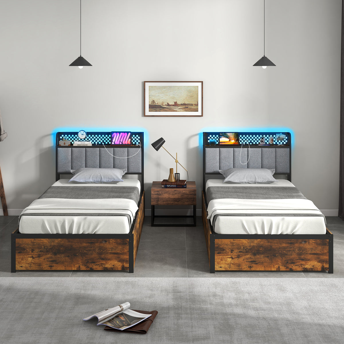 Bed Frame with LED Lights Upholstered Headboard and 4 Storage Drawers-Simple Bed Frame-DECOROLALA