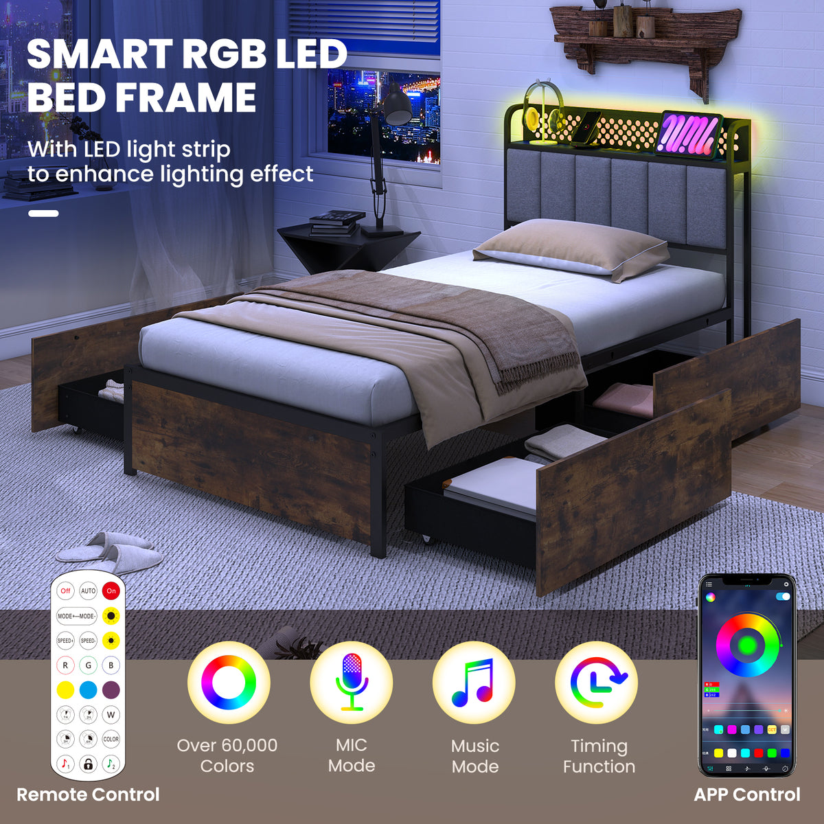 Bed Frame with LED Lights Upholstered Headboard and 4 Storage Drawers-Simple Bed Frame-DECOROLALA