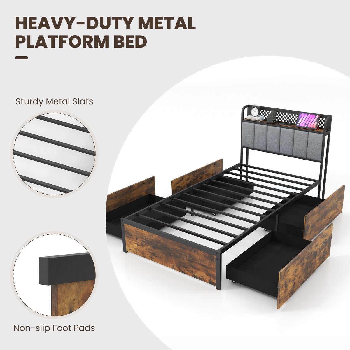 Bed Frame with LED Lights Upholstered Headboard and 4 Storage Drawers-Simple Bed Frame-DECOROLALA