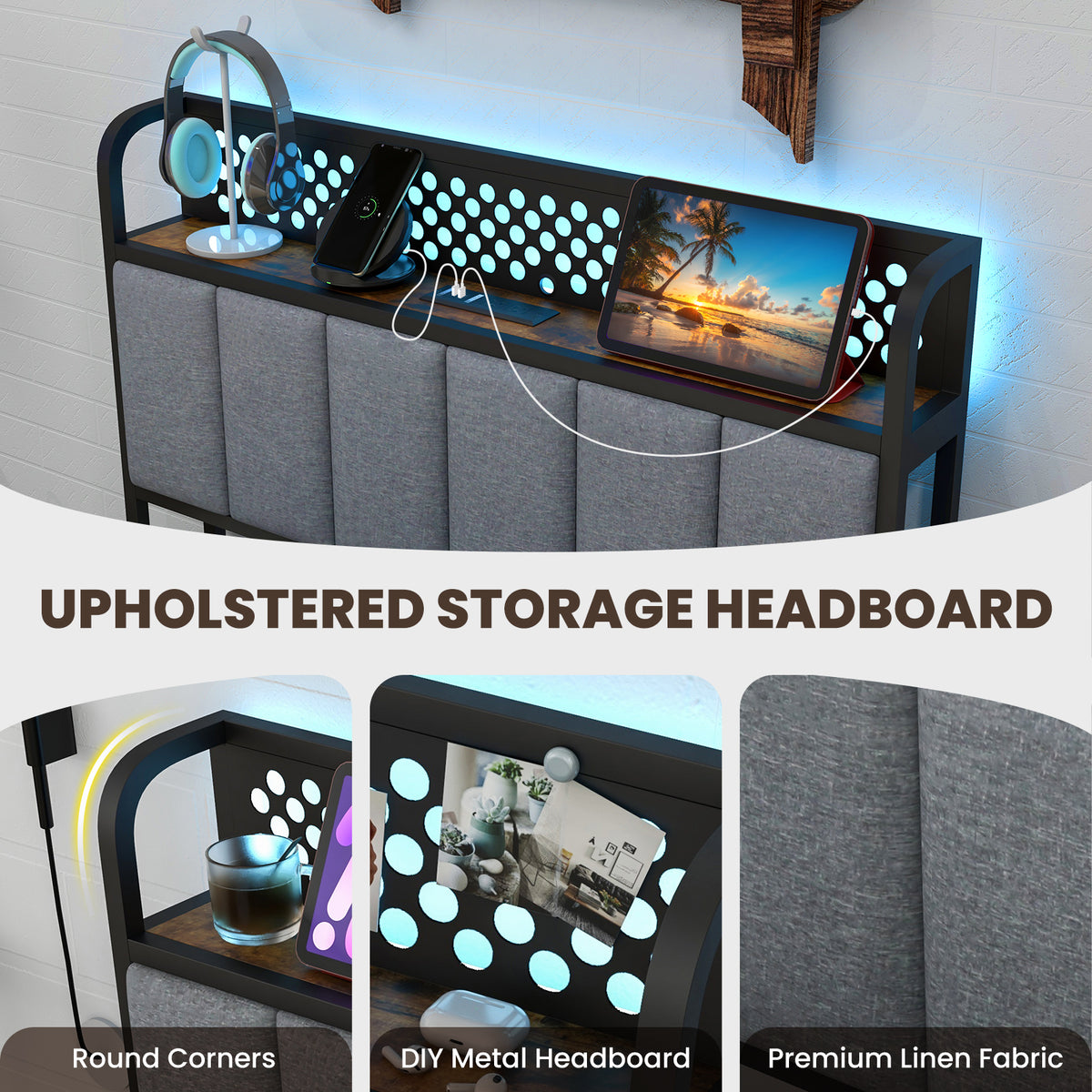 Bed Frame with LED Lights Upholstered Headboard and 4 Storage Drawers-Simple Bed Frame-DECOROLALA