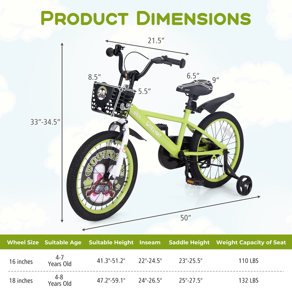 Kids Bike Adjustable with Detachable Training Wheels for 4-8 Years Old
