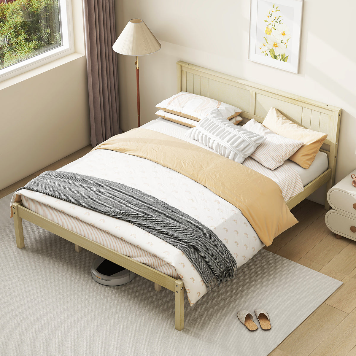 Wooden Bed Frame with Headboard and Slat Support-Simple Bed Frame-DECOROLALA