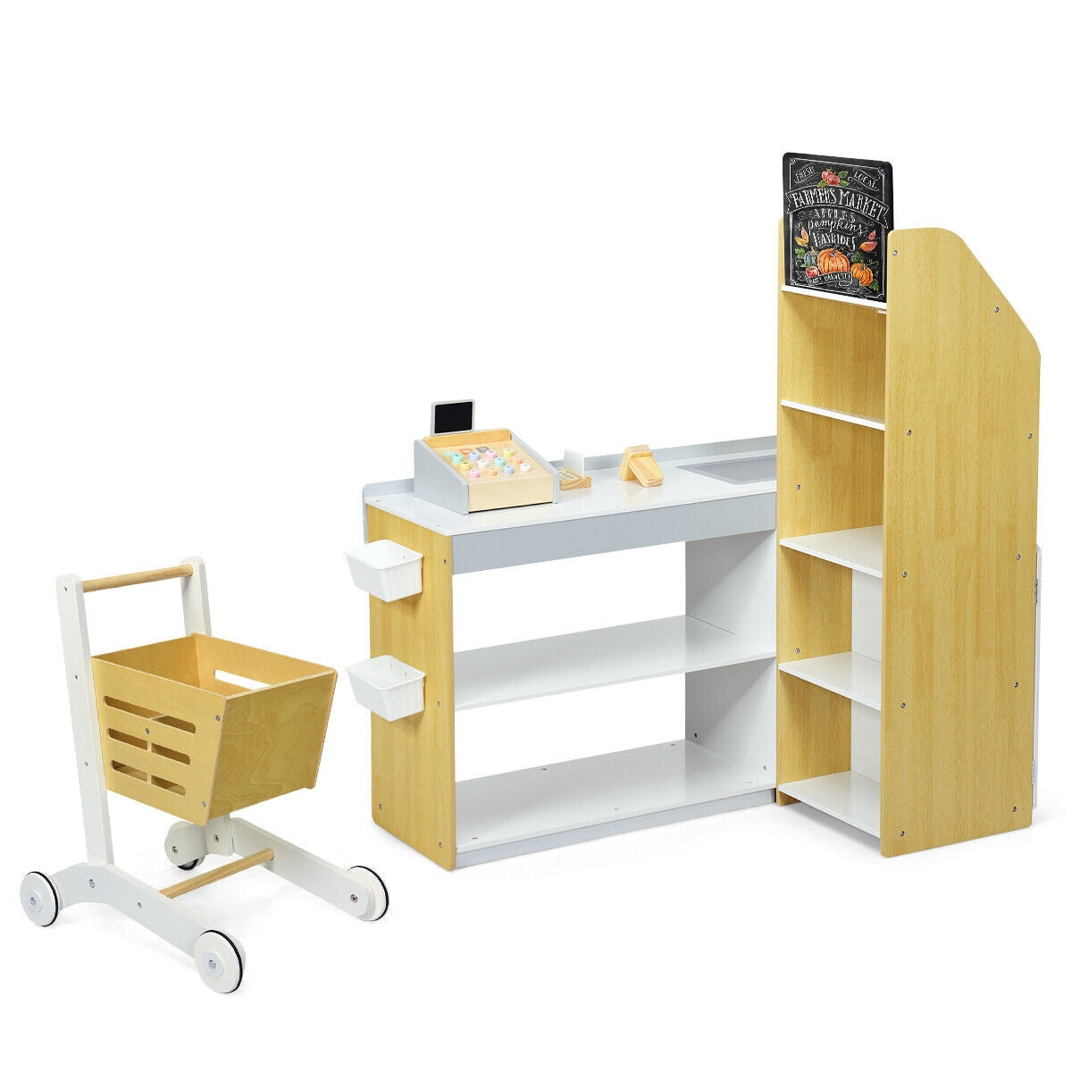 Kids Wooden Grocery Store Playset with Cart for Pretend Supermarket Fun