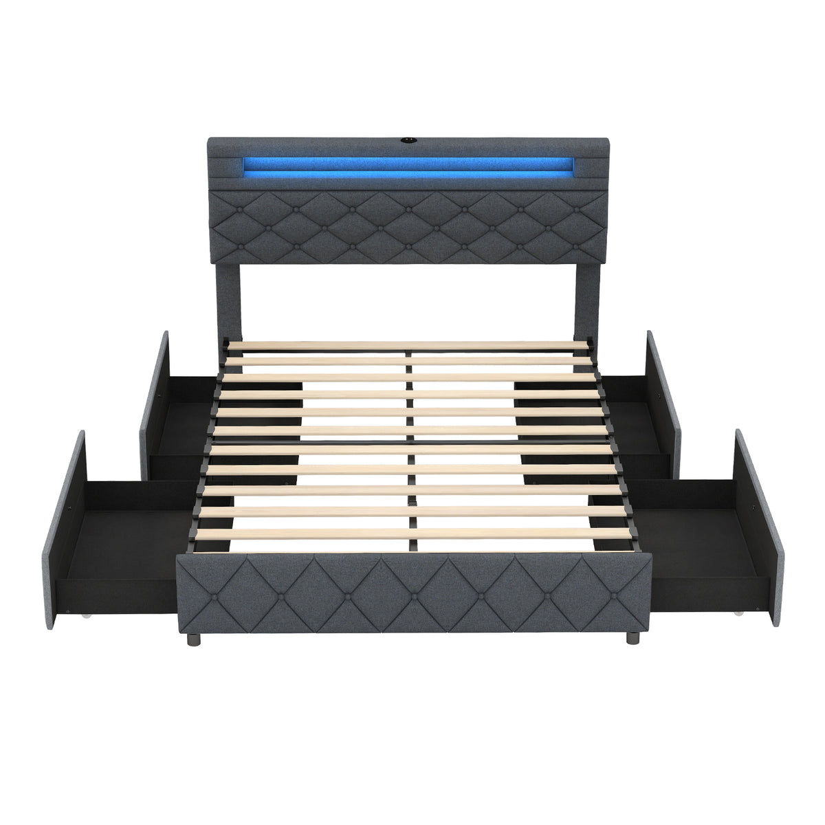 Bed Frame with Adjustable Storage Headboard and Wooden Slat Support-Simple Bed Frame-DECOROLALA