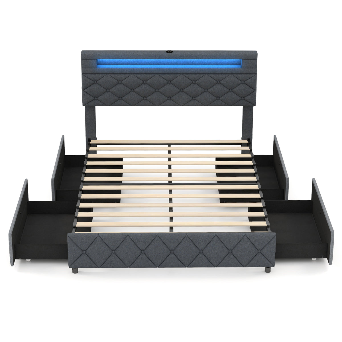 Bed Frame with Adjustable Storage Headboard and Wooden Slat Support-Simple Bed Frame-DECOROLALA
