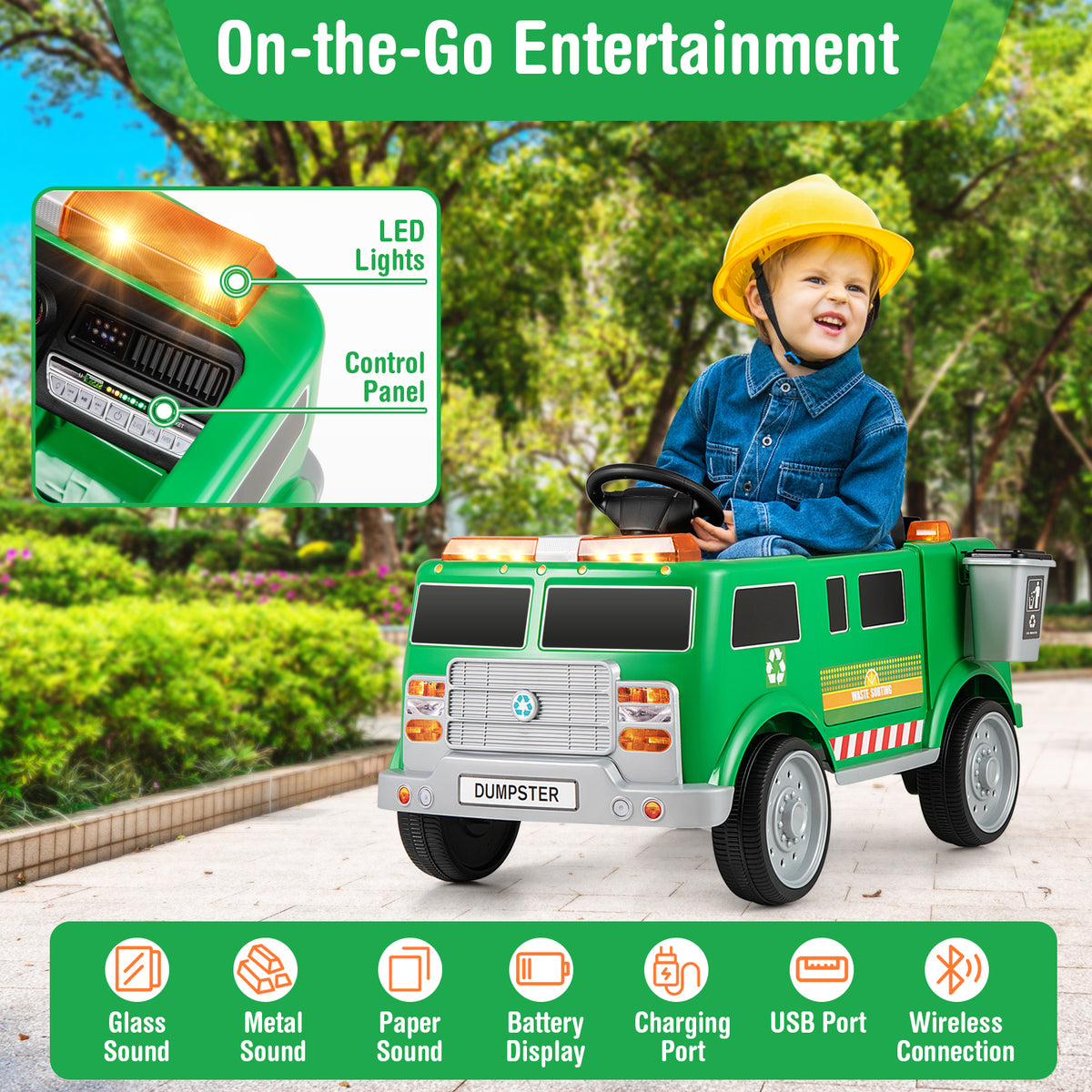 12V Battery Powered Electric Vehicle with Remote Control and Trash Bin-Green