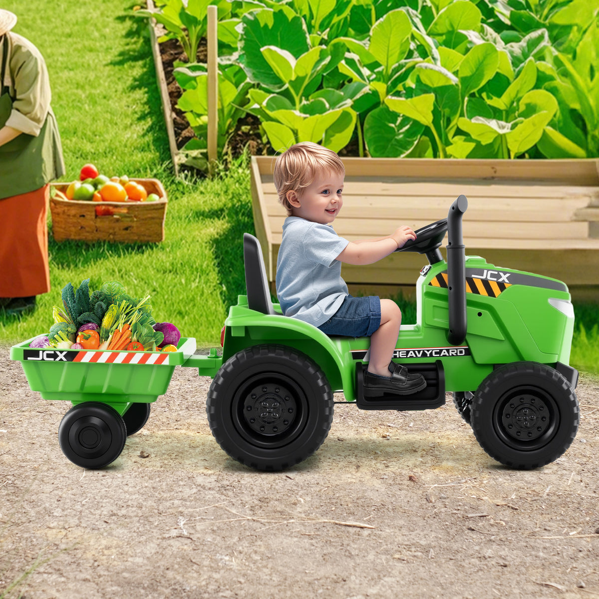 12V 2-in-1 Kids Ride On Tractor with Trailer and 3-Gear Shift-Grayish