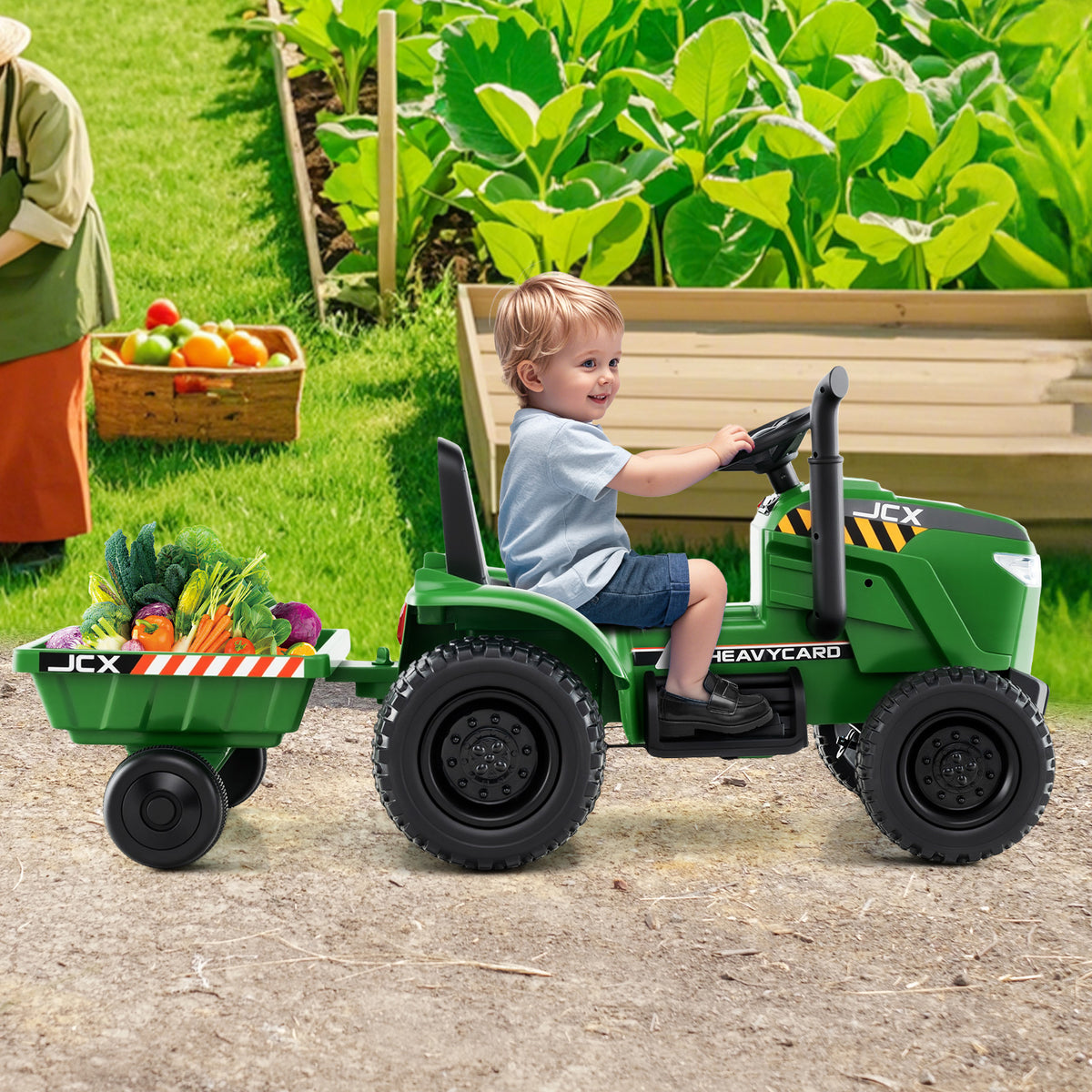 12V 2-in-1 Kids Ride On Tractor with Trailer and 3-Gear Shift-Grayish