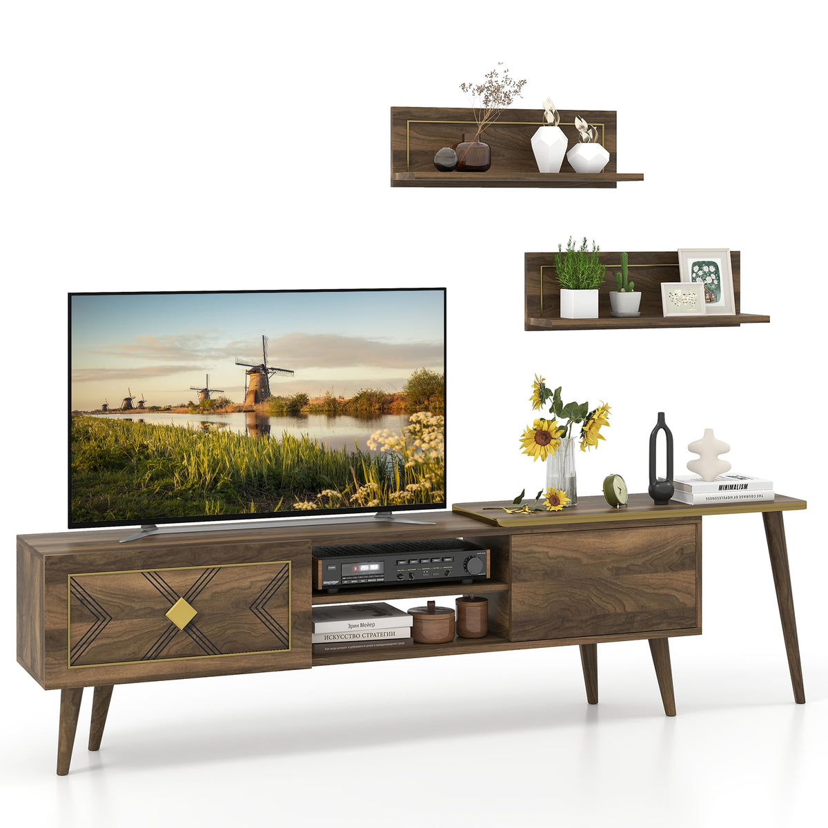 Mid-century Modern TV Stand for TVs up to 85 Inch with Open Compartments-Walnut-Entertainment Centers & TV Stands-DECOROLALA