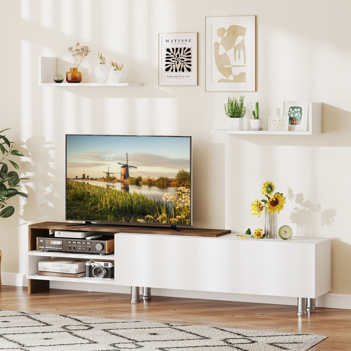 3 Pieces Farmhouse TV Stand for TVs up to 80 Inch with Cabinet and Compartments-White-Entertainment Centers & TV Stands-DECOROLALA