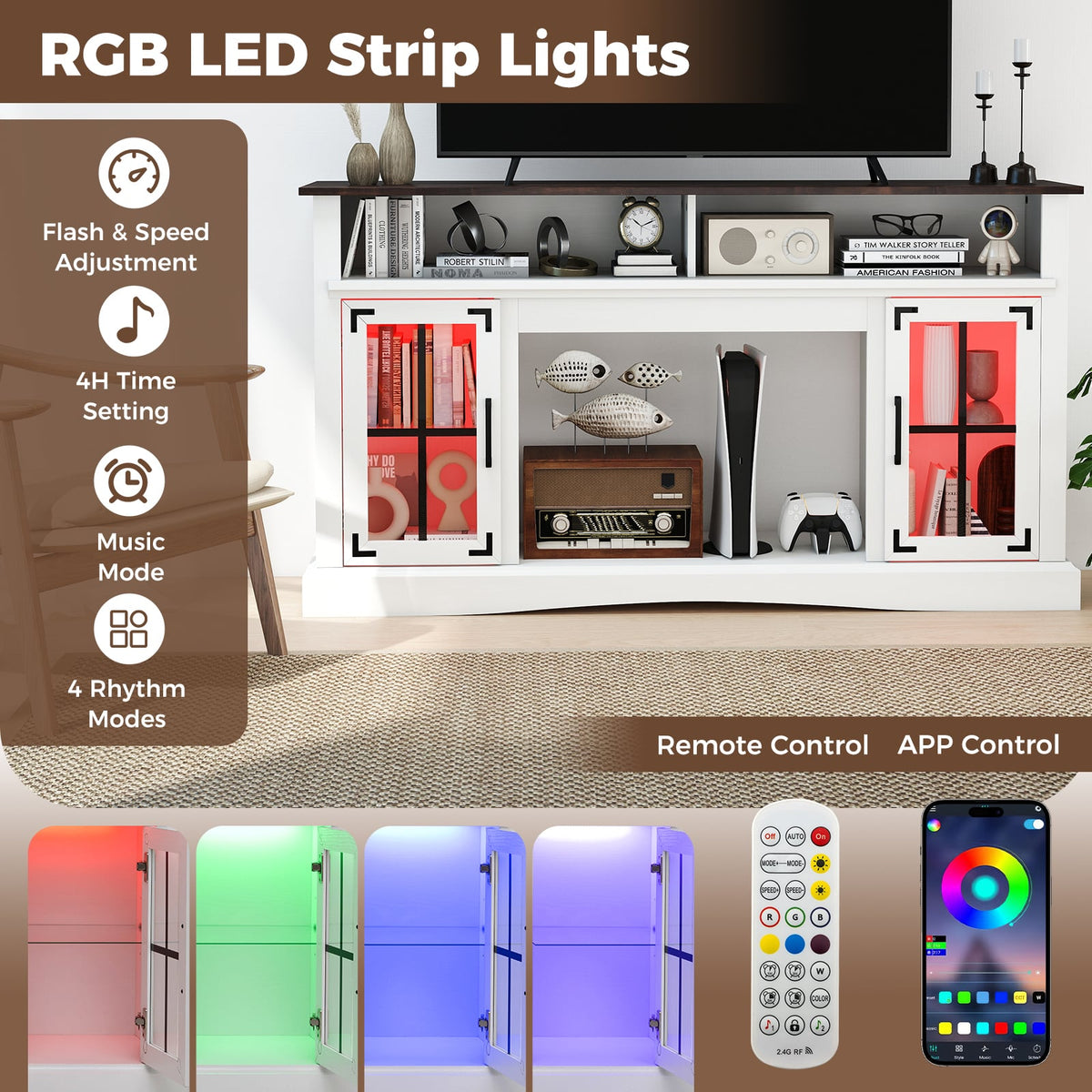 TV Stand with LED Lights and Remote Control-White-Entertainment Centers & TV Stands-DECOROLALA