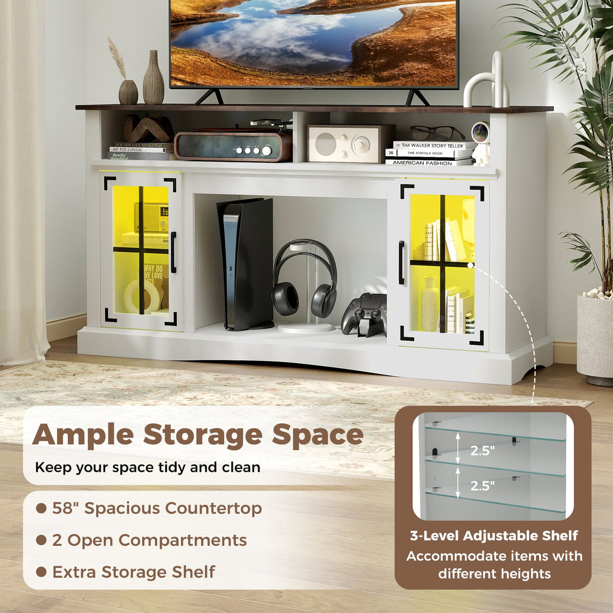 TV Stand with LED Lights and Remote Control-White-Entertainment Centers & TV Stands-DECOROLALA