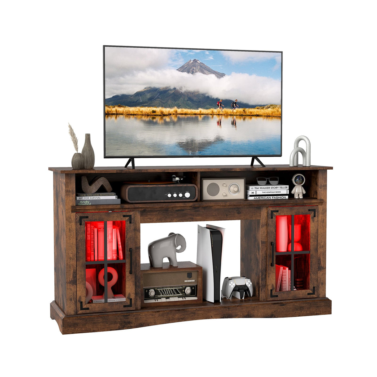 TV Stand with LED Lights and Remote Control-Rustic Brown-Entertainment Centers & TV Stands-DECOROLALA