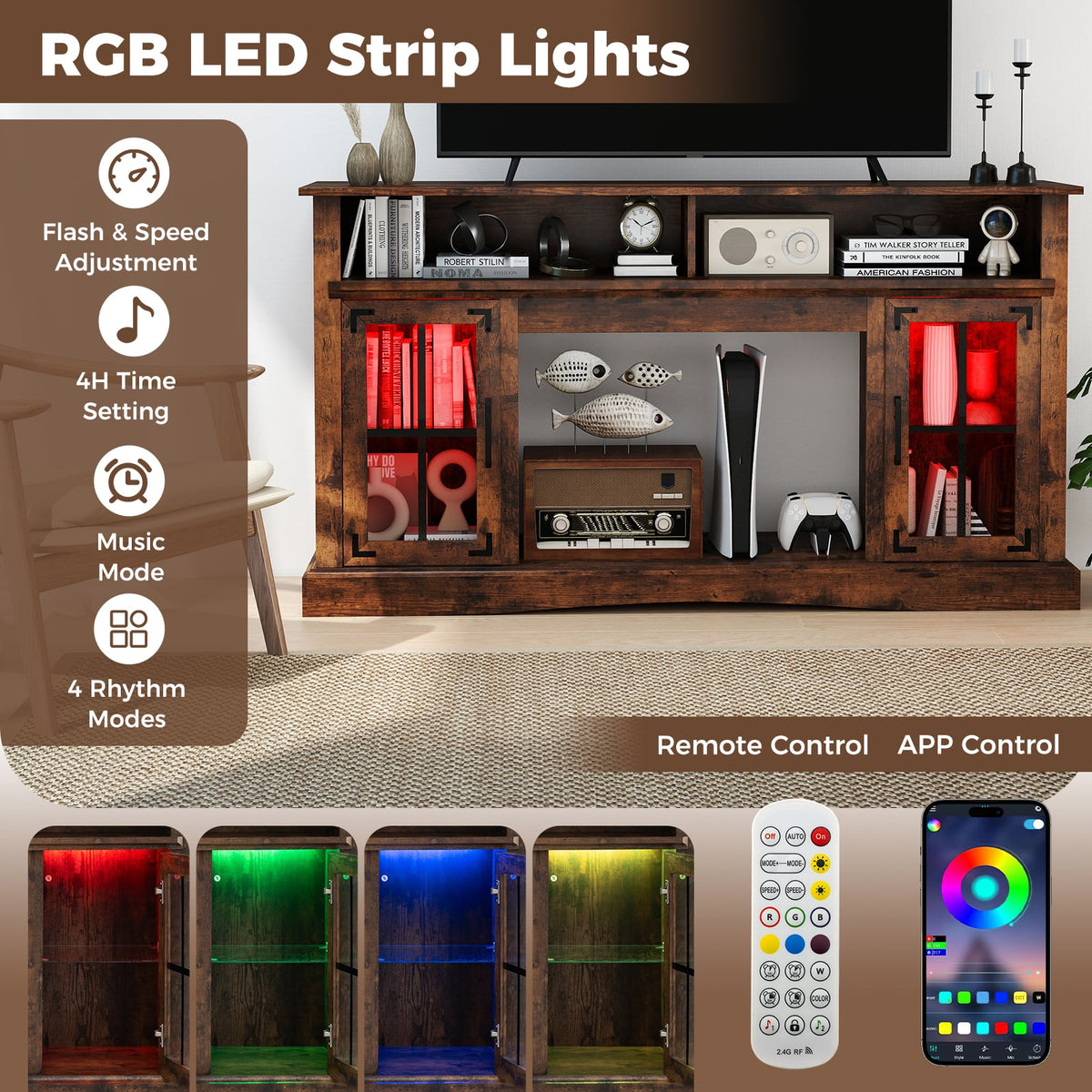 TV Stand with LED Lights and Remote Control-Rustic Brown-Entertainment Centers & TV Stands-DECOROLALA