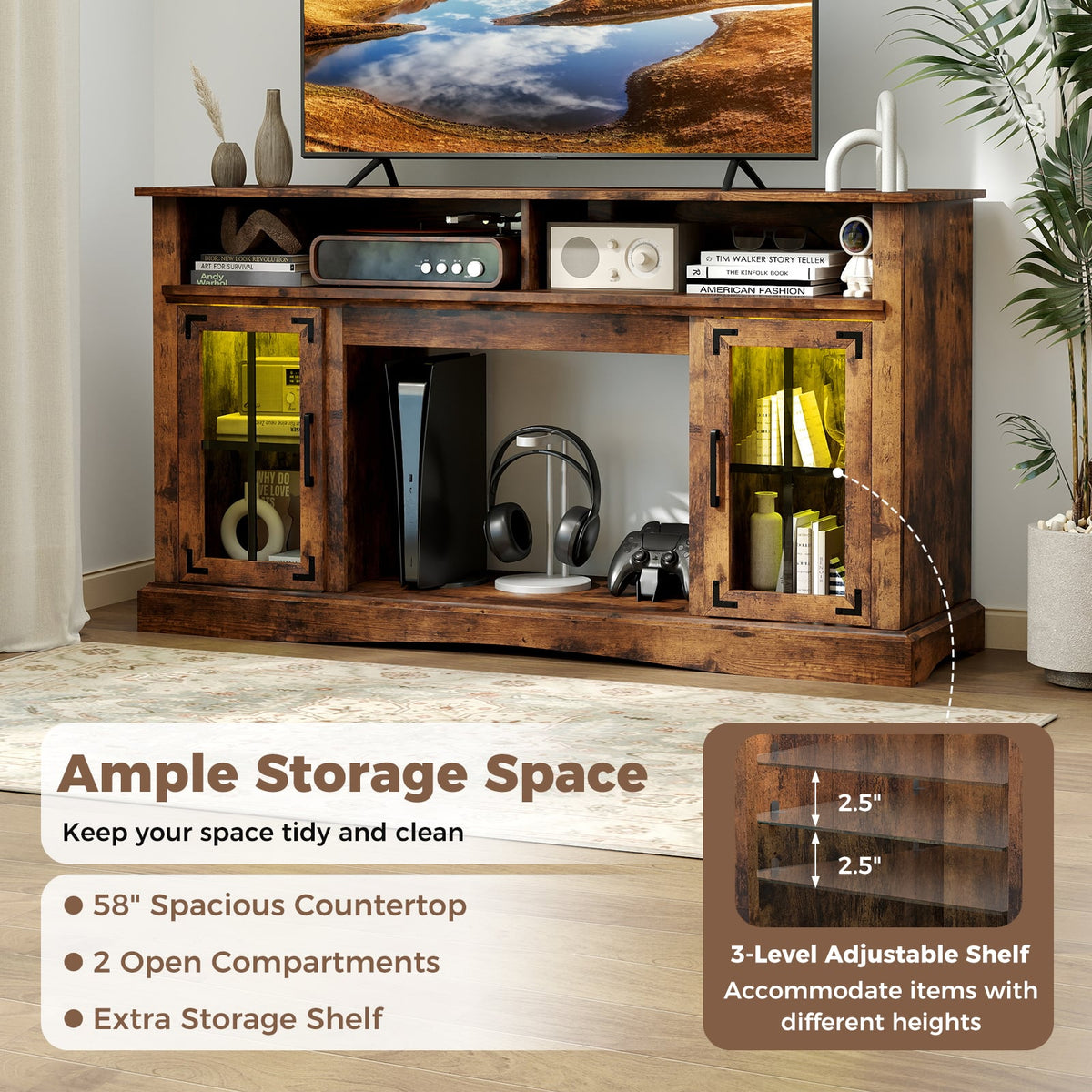 TV Stand with LED Lights and Remote Control-Rustic Brown-Entertainment Centers & TV Stands-DECOROLALA
