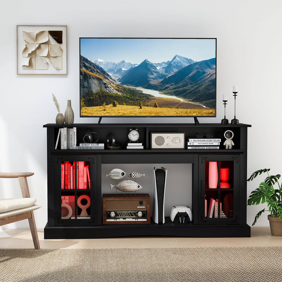 TV Stand with LED Lights and Remote Control-Black-Entertainment Centers & TV Stands-DECOROLALA