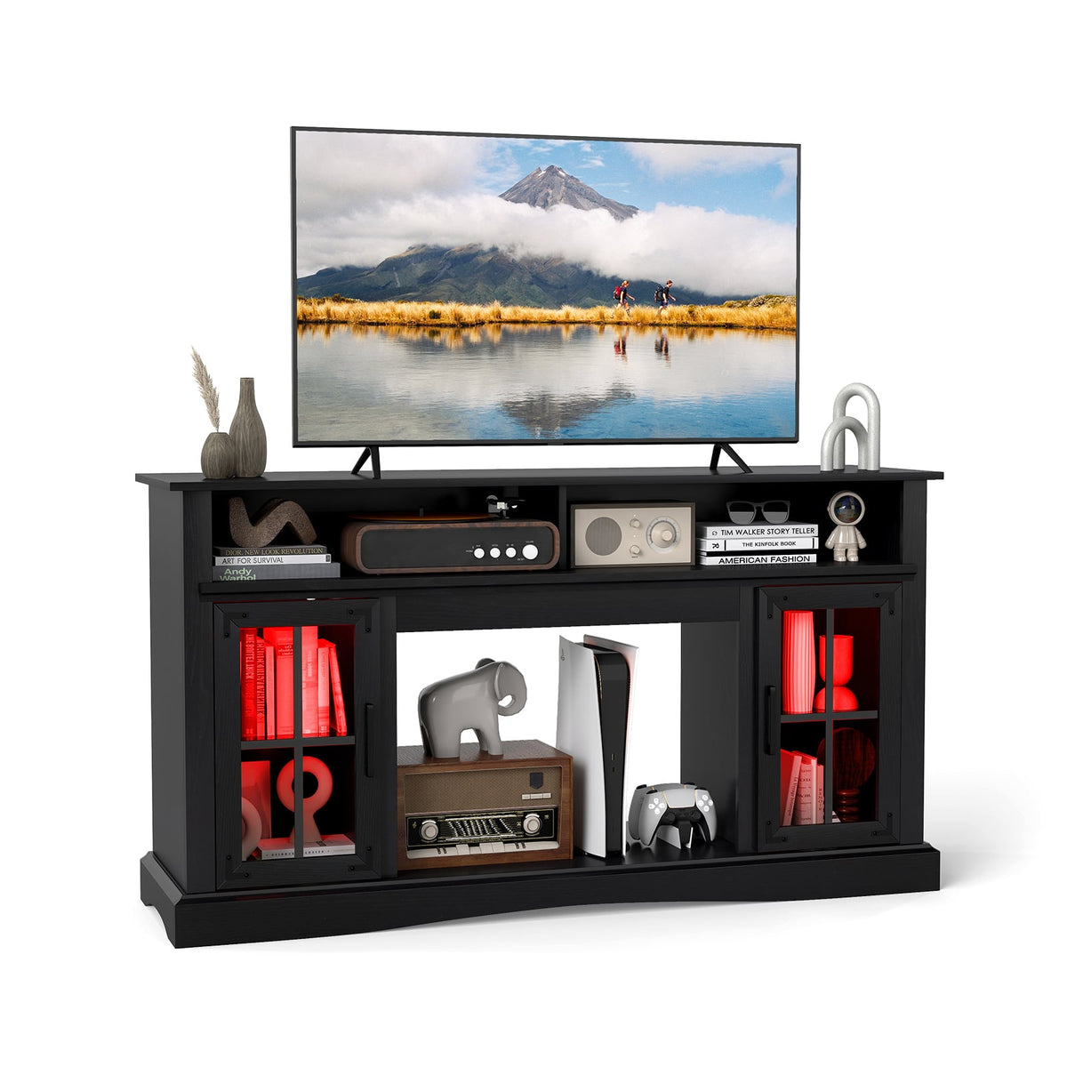 TV Stand with LED Lights and Remote Control-Black-Entertainment Centers & TV Stands-DECOROLALA