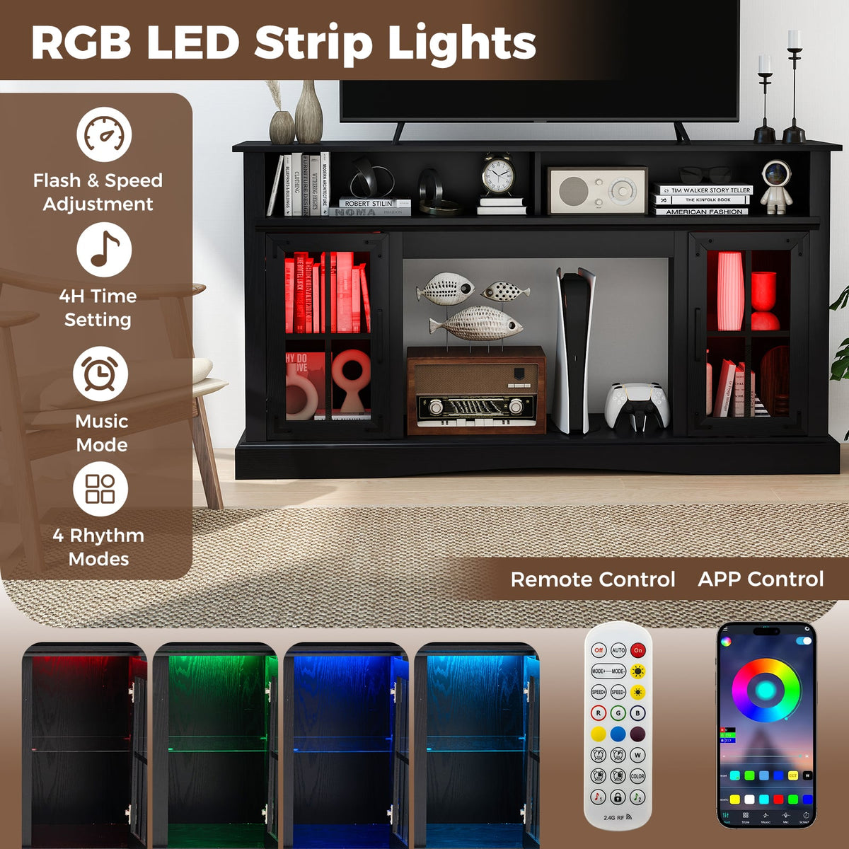 TV Stand with LED Lights and Remote Control-Black-Entertainment Centers & TV Stands-DECOROLALA