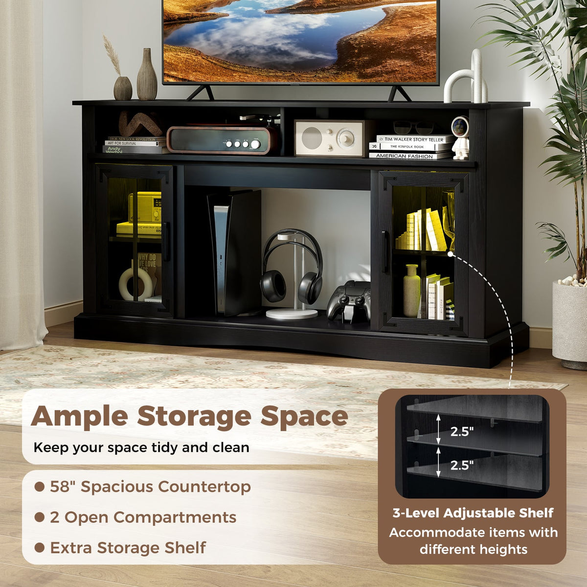 TV Stand with LED Lights and Remote Control-Black-Entertainment Centers & TV Stands-DECOROLALA