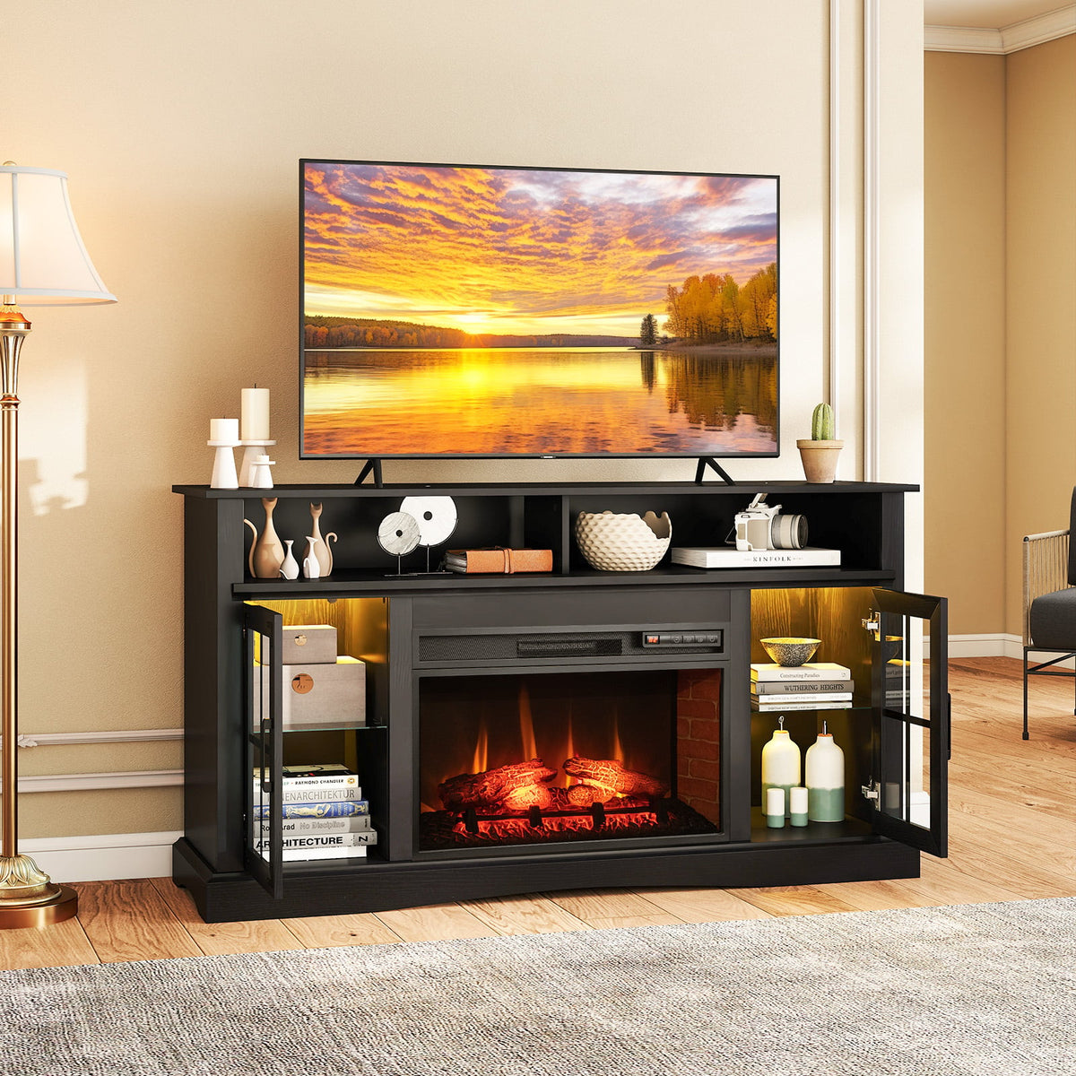 Fireplace TV Stand with Remote Controls and Thermostat for TVs Up to 50 Inch-Black-Entertainment Centers & TV Stands-DECOROLALA