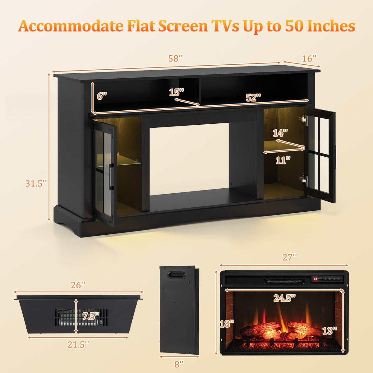 Fireplace TV Stand with Remote Controls and Thermostat for TVs Up to 50 Inch-Black-Entertainment Centers & TV Stands-DECOROLALA