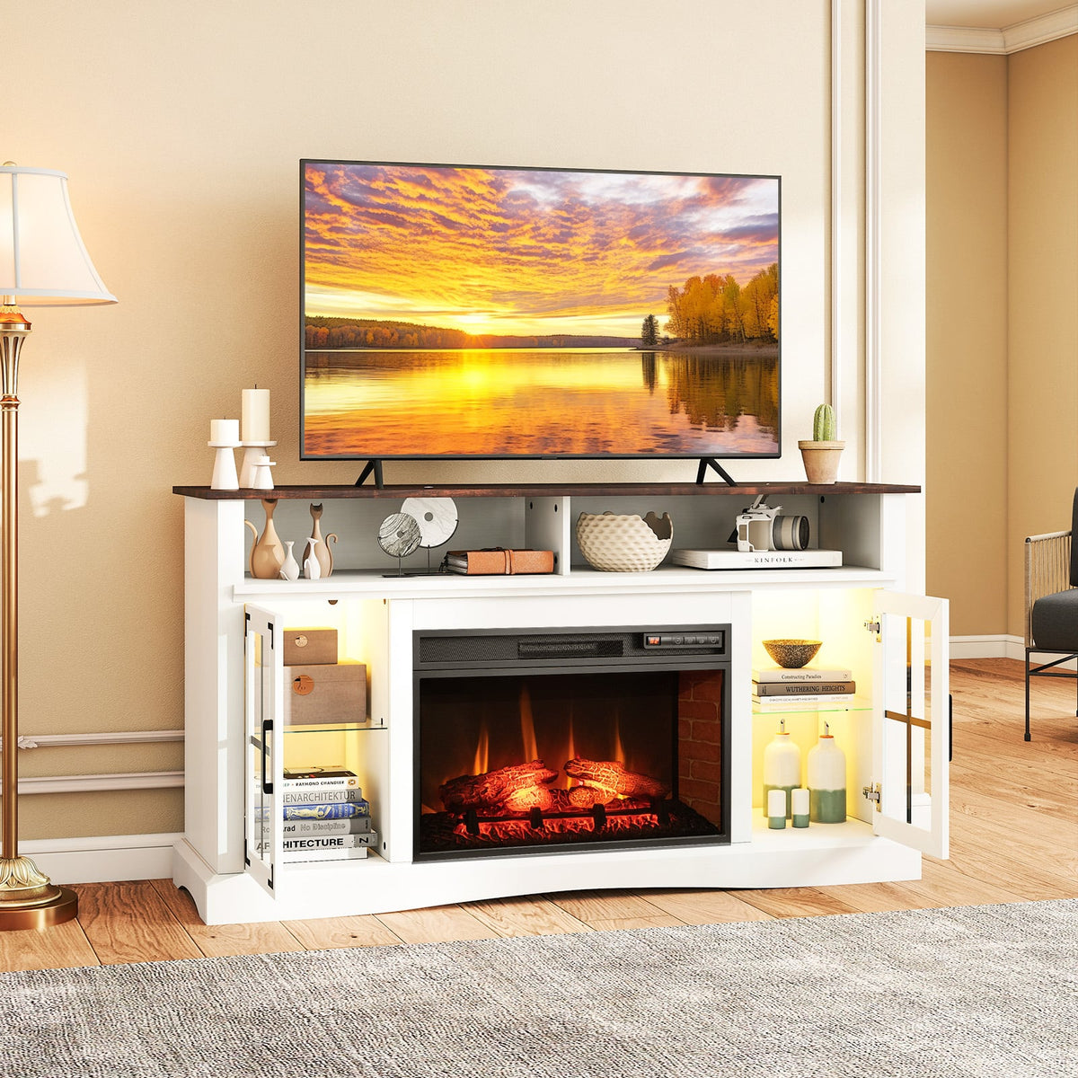 Fireplace TV Stand with Remote Controls and Thermostat for TVs Up to 50 Inch-White-Entertainment Centers & TV Stands-DECOROLALA