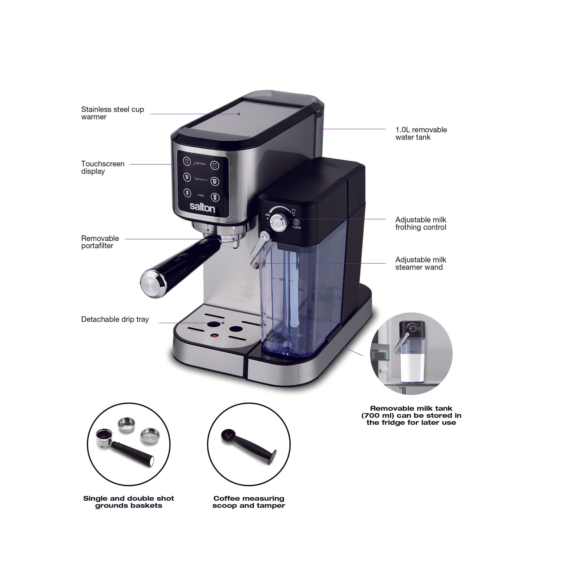 Salton Stainless Steel 3-In-1 Digital Espresso, Capuccino & Latte Machine-Coffee Makers & Espresso Machines-DECOROLALA