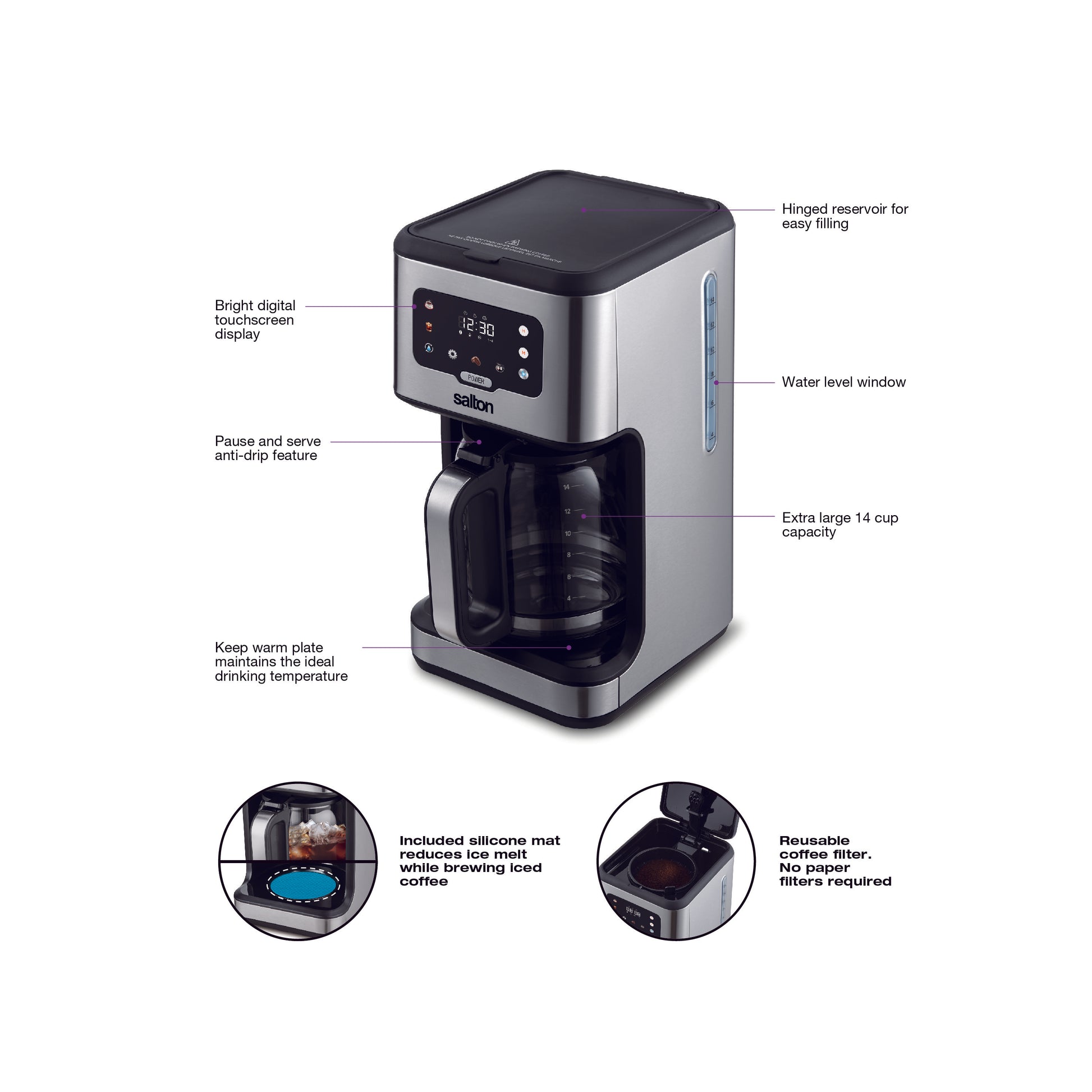 Salton Stainless Steel Digital Coffee Maker - 14 Cup-Coffee Makers & Espresso Machines-DECOROLALA