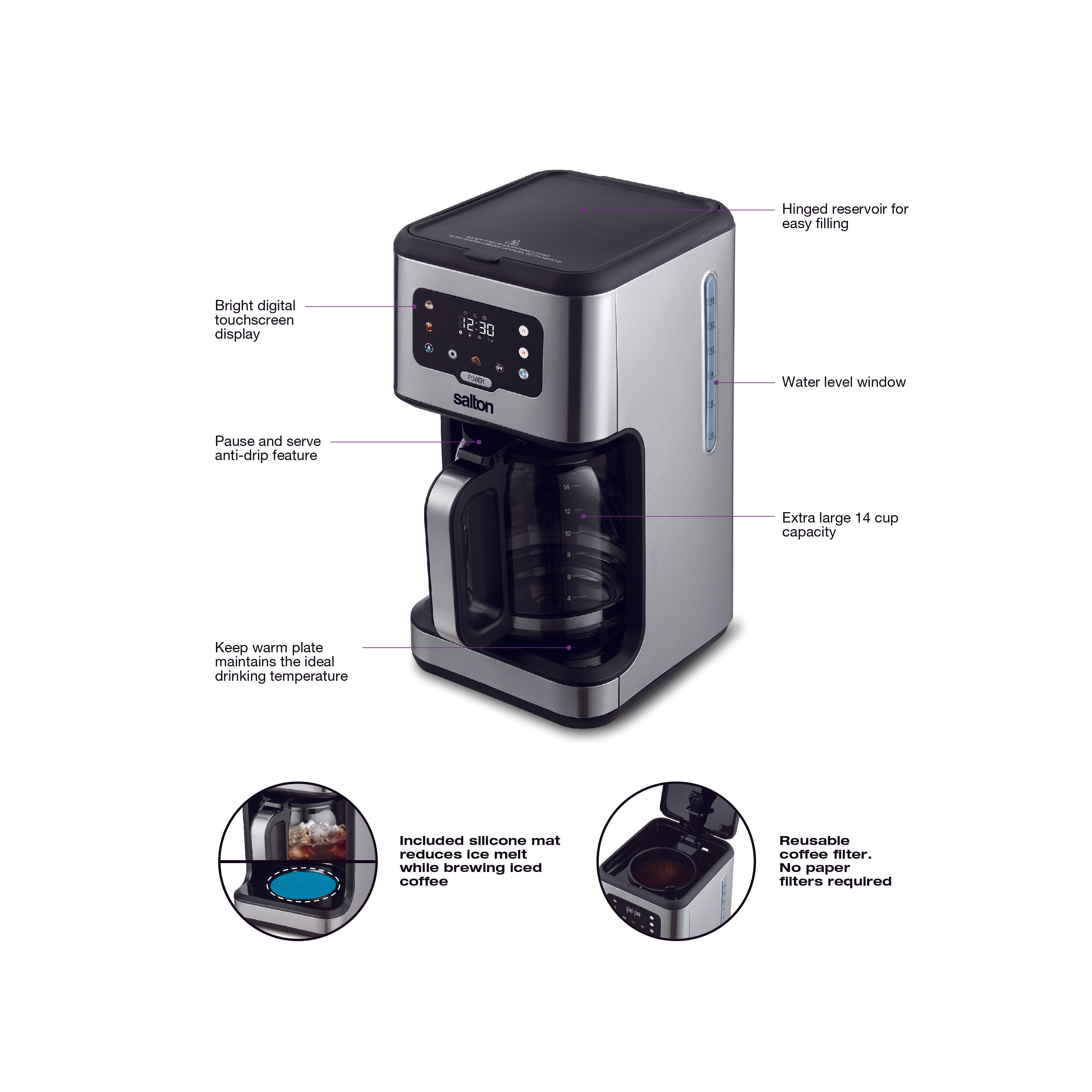 Salton Stainless Steel Digital Coffee Maker - 14 Cup-Coffee Makers & Espresso Machines-DECOROLALA
