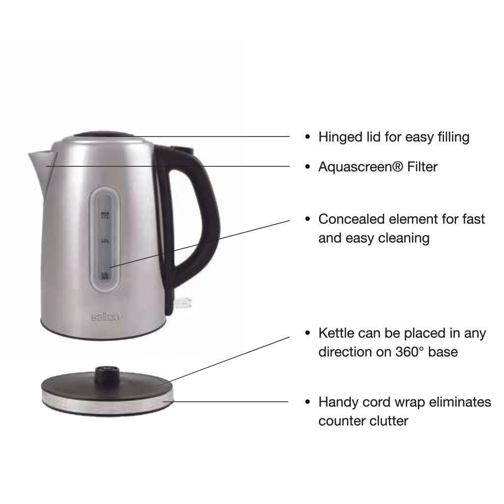 Salton Cordless Electric Stainless Steel Kettle - 1.7L-Electric Kettles-DECOROLALA