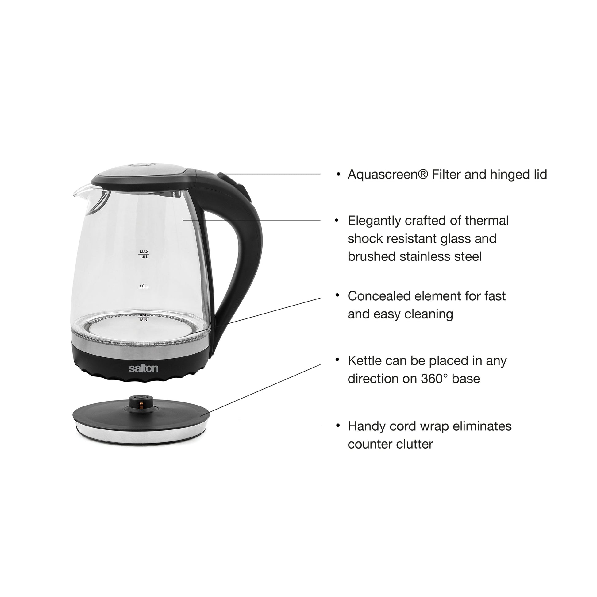 Salton Cordless Electric Glass Kettle - 1.5L-Electric Kettles-DECOROLALA