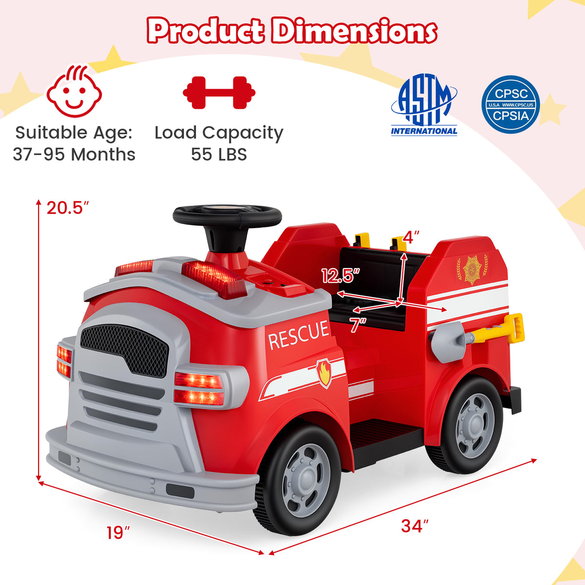 12V Toddler Fire Toy Car with Shovel and Wrench for Ages 37-95 Months