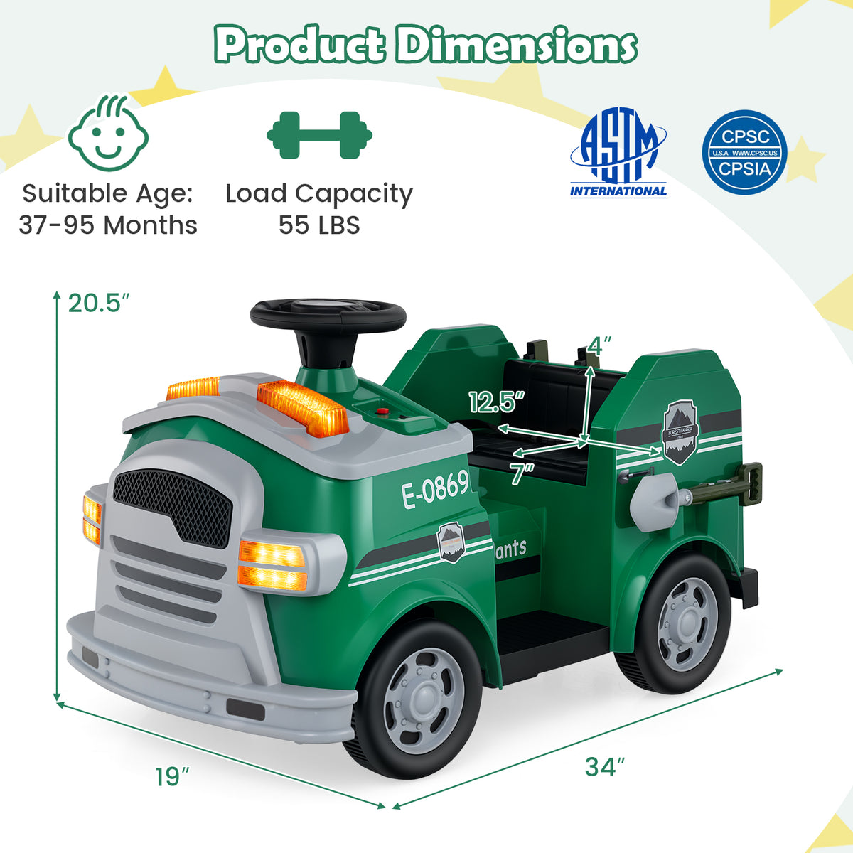 12V Toddler Fire Toy Car with Shovel and Wrench for Ages 37-95 Months