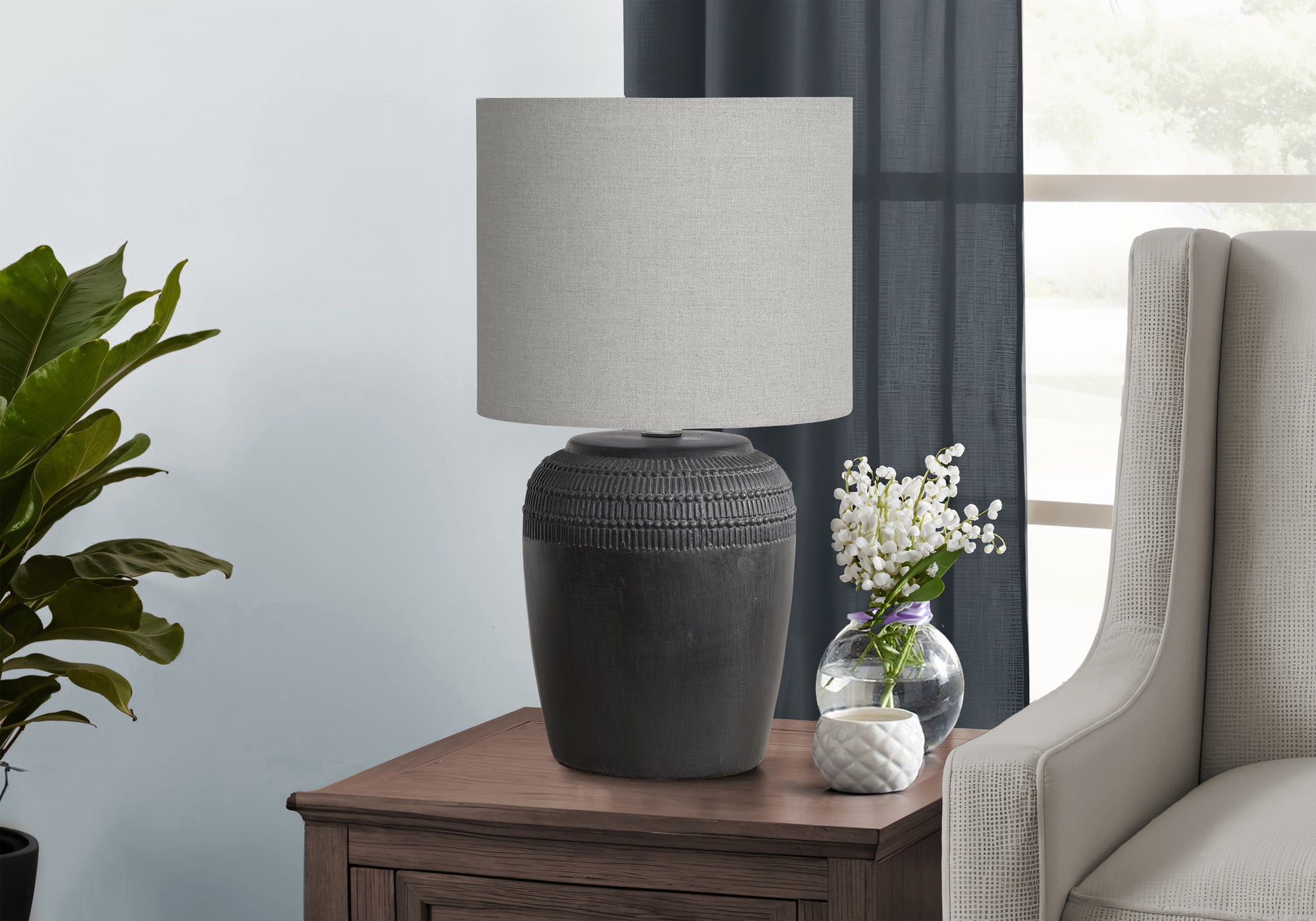 17"H Beige Ceramic Table Lamp with Ivory Shade-Lighting-DECOROLALA