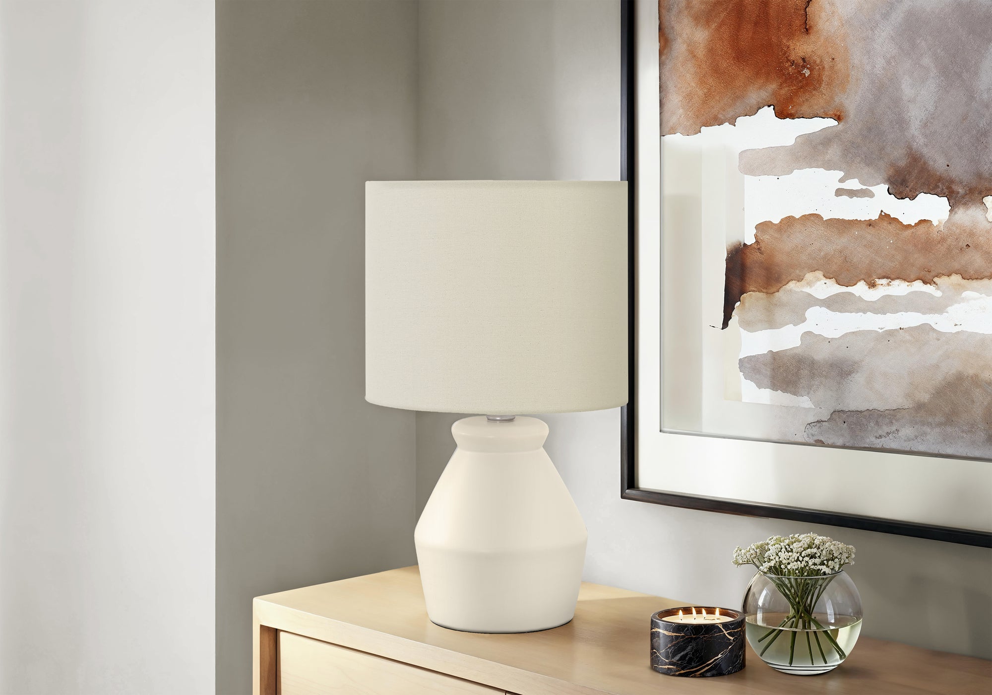 17"H Cream Ceramic Table Lamp with Ivory Shade-Lighting-DECOROLALA
