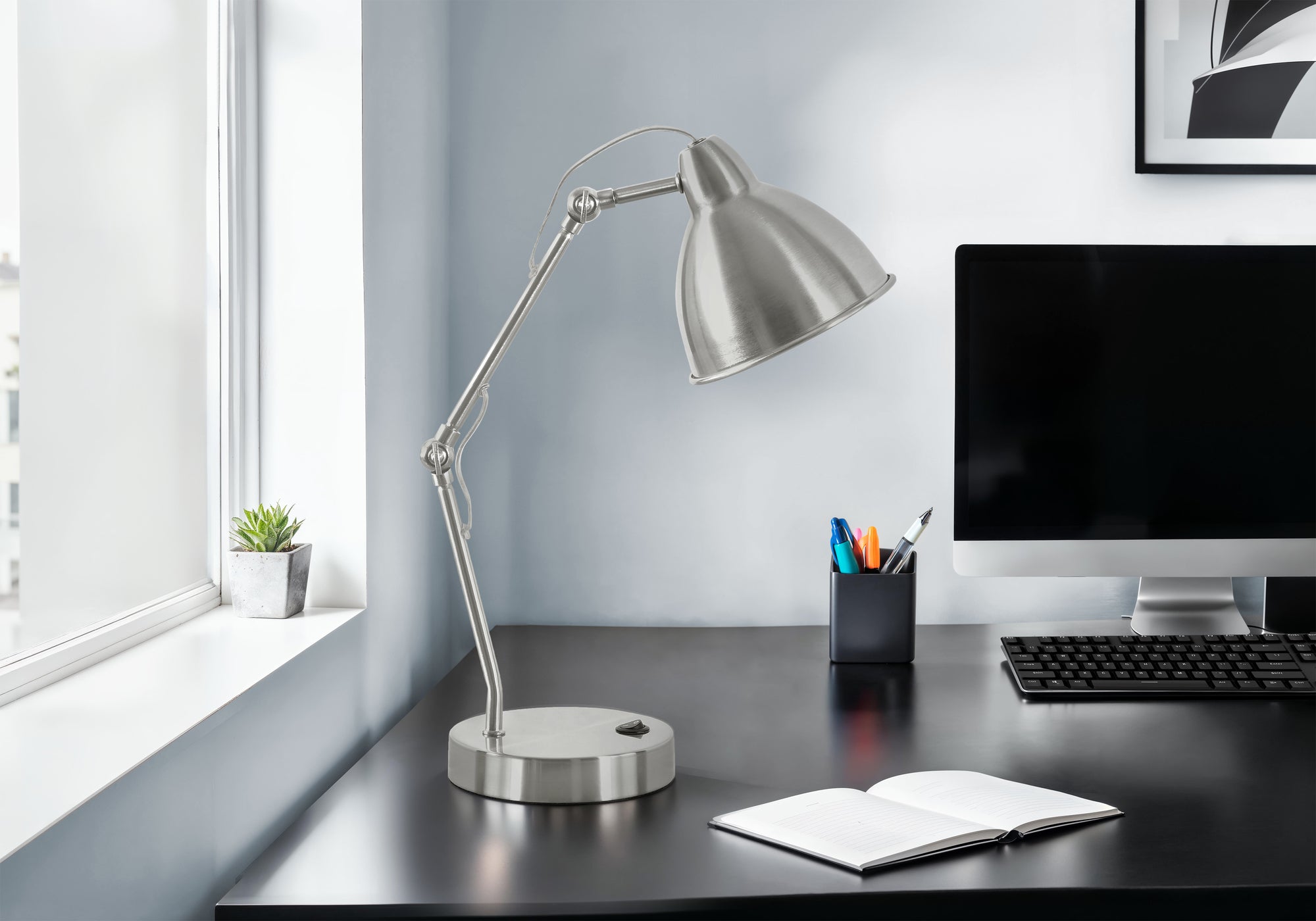 17"H Industrial Task Lamp with USB Port, Nickel Metal-Lighting-DECOROLALA