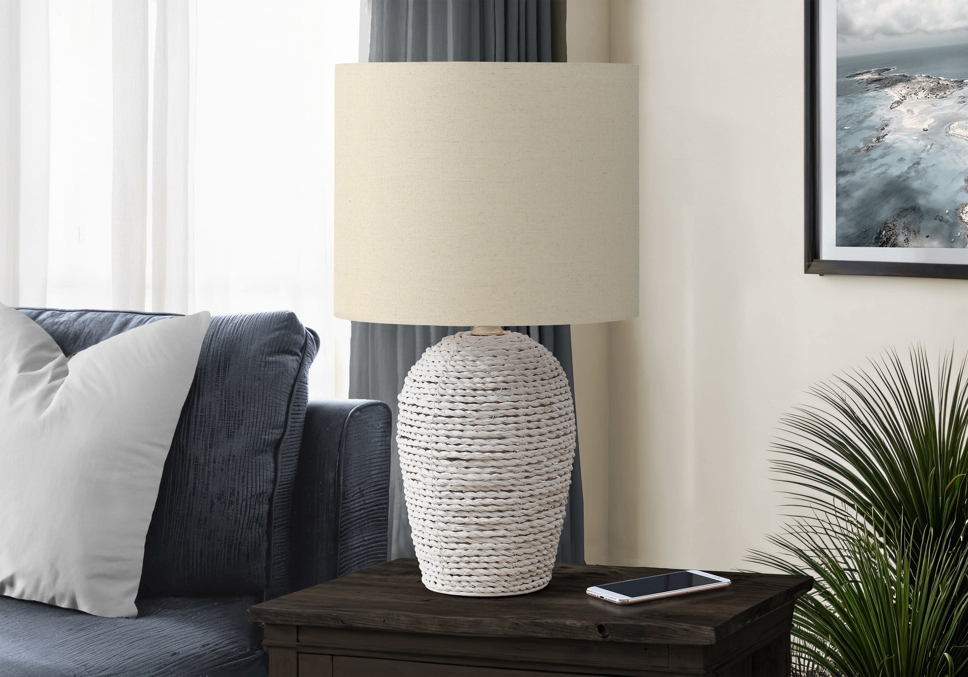 17"H Table Lamp Black Rattan Base Beige Shade-Lighting-DECOROLALA
