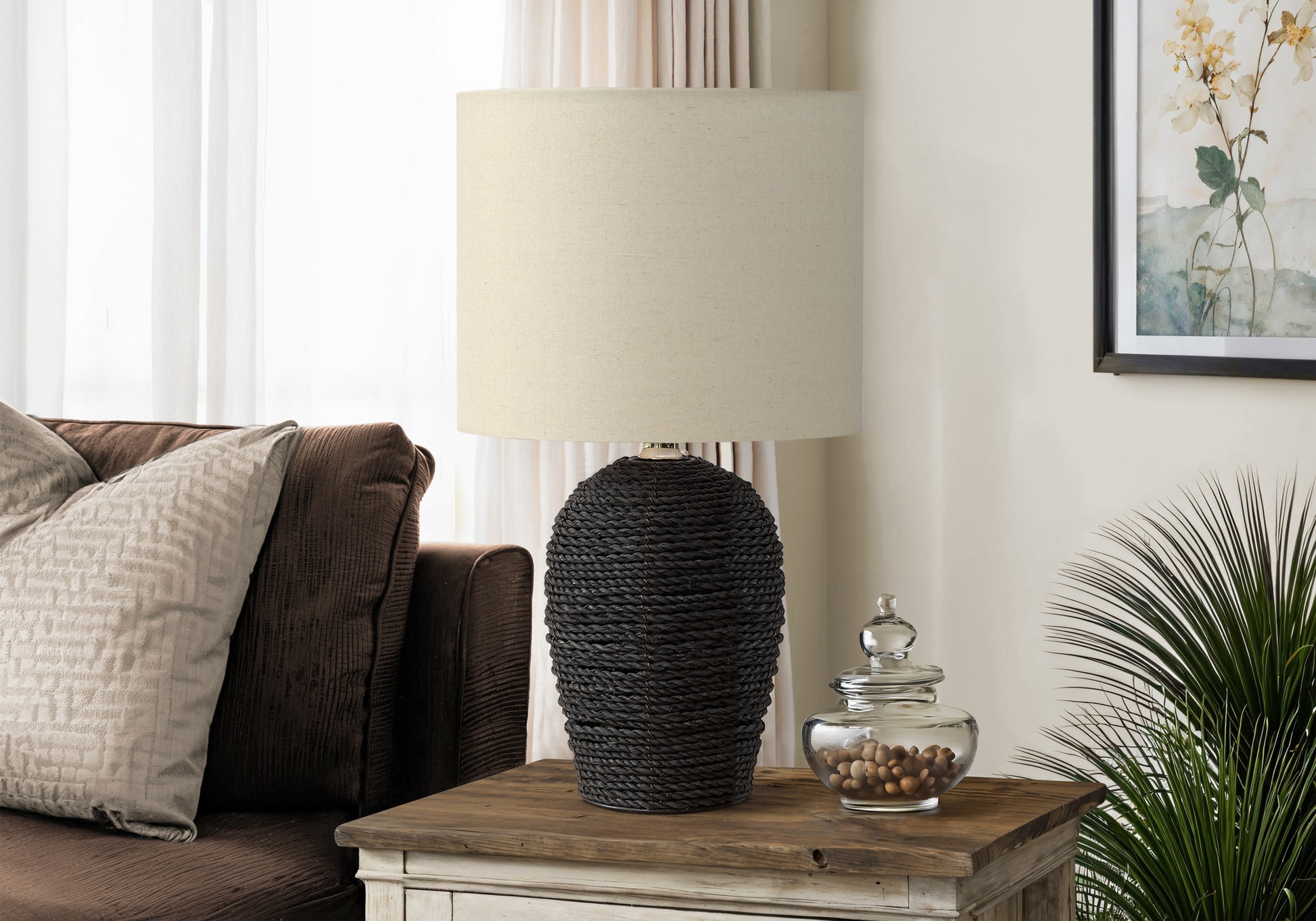 17"H Table Lamp Black Rattan Base Beige Shade-Lighting-DECOROLALA