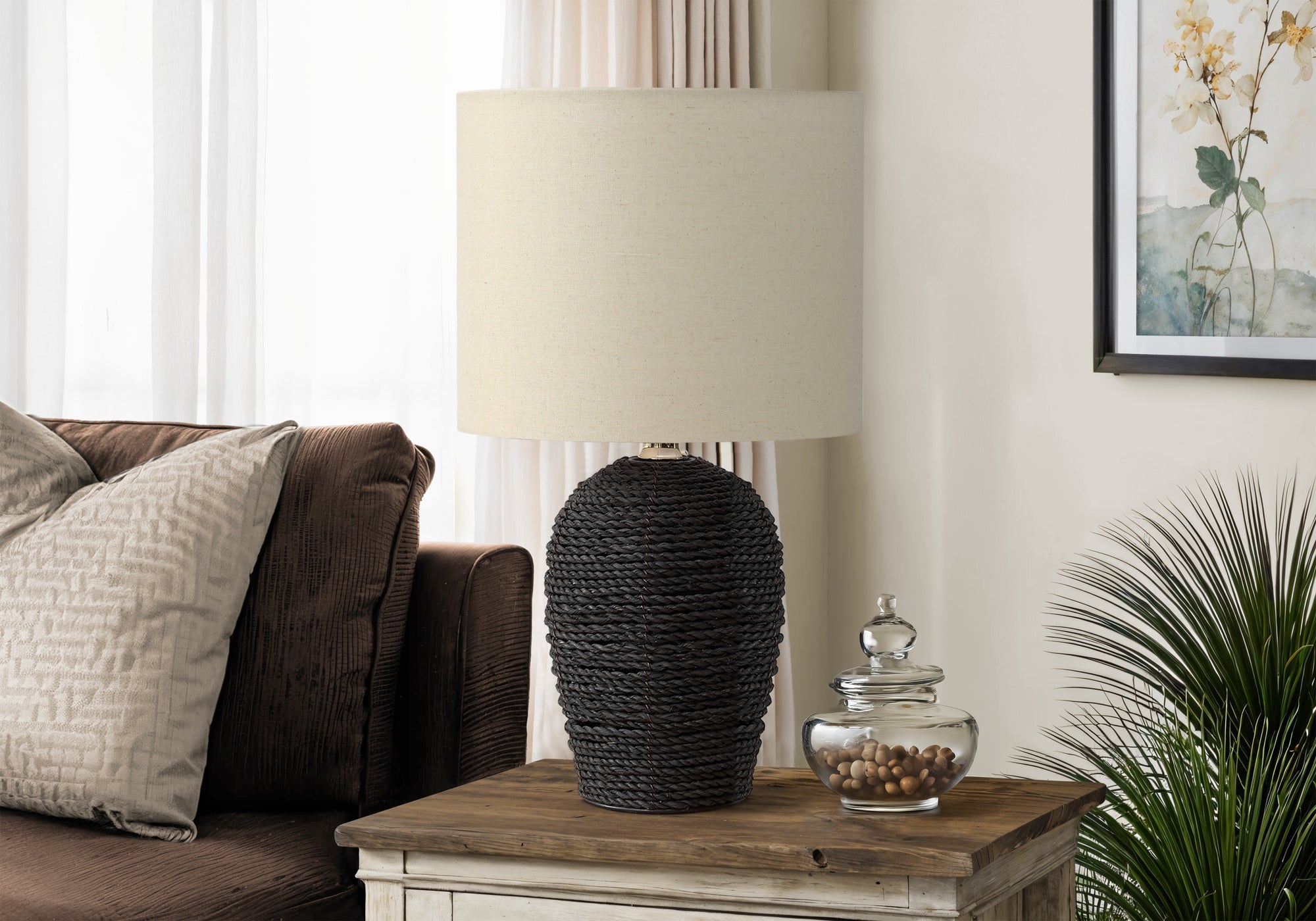 17"H Table Lamp Black Rattan Base Beige Shade-Lighting-DECOROLALA