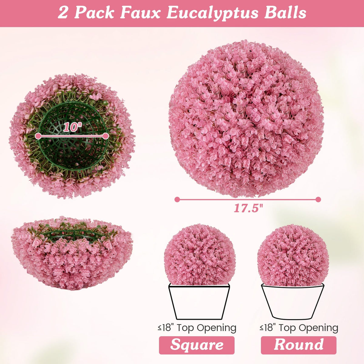 17.5 Inch Faux Purple Eucalyptus Decorative Balls with 7 Layers Leaves for Backyard Porch Garden and Wedding-Pink-Artificial Plants-DECOROLALA